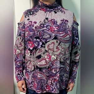 SUSAN Graver 2X Purple Floral Paisley Long Sleeve Cold Shoulder Top